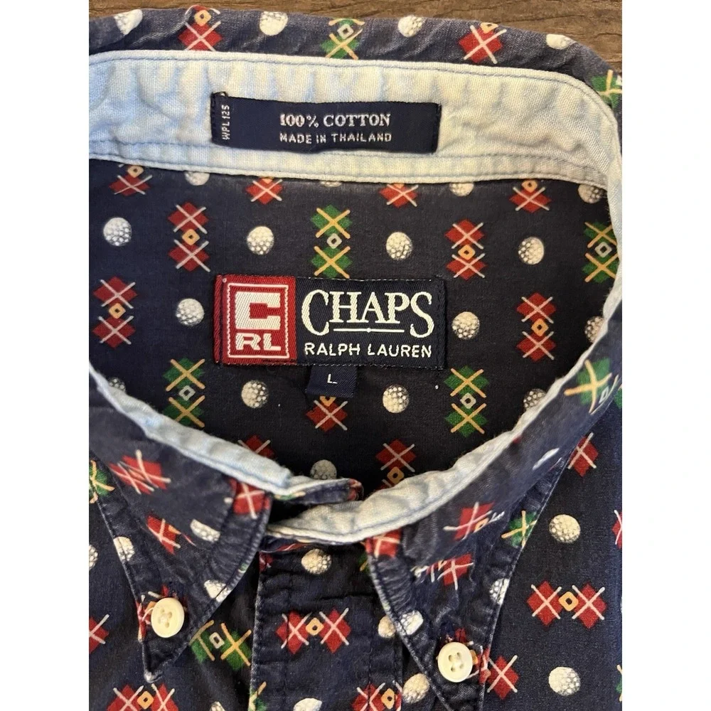 Vintage 90s CHAPS RALPH LAUREN Button Down ALL OVER GOLF PRINT Cotton L Blue E15